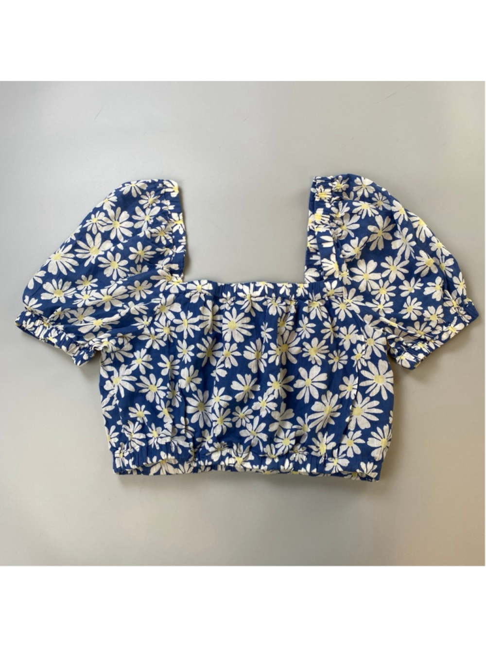 American Eagle Puff Sleeve Bubble Crop Top Medium Blue White Daisy Cottagecore